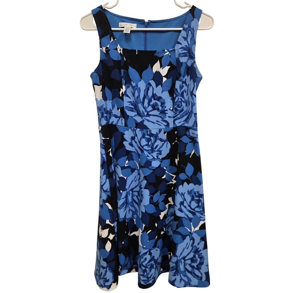 London Times Floral Fit Flare Dress Blue Black‎ Sleeveless Square Neck Womens 6